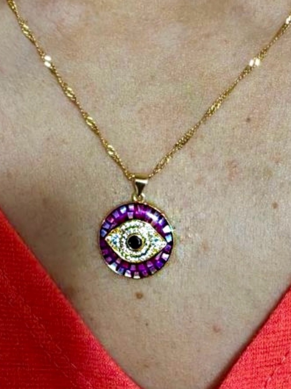 Purple Evil Eye Necklace Gold Tone Anti Tarnish CZ pave setting Pendant - Picture 2 of 4